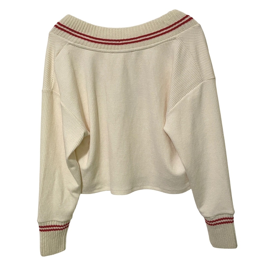 Tennis Core Crop Varsity V-Neck Sweater M Cream Red Stripes Preppy Collegiate - Picture 3 of 8